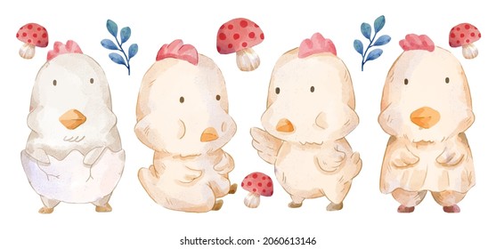 Vector illustration watercolor Set of adorable Chick For Your Design. Various of Chicken gesture and color