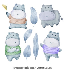 Vector illustration watercolor Set of adorable Hippopotamus For Your Design. Various of Hippo gesture and color