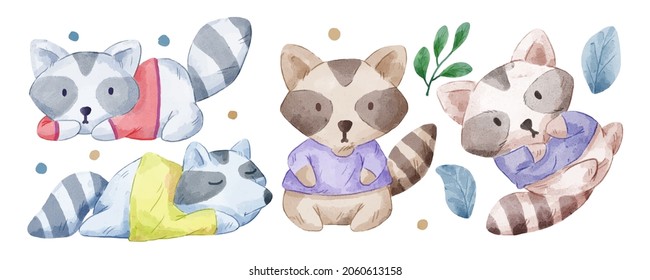 Vector illustration watercolor Set of adorable Raccoon For Your Design. Various of Raccoon gesture and color