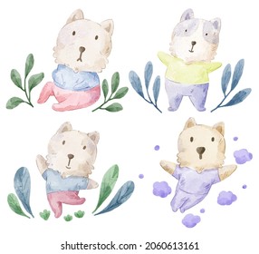 Vector illustration watercolor Set of adorable Dog For Your Design. Various of Dog gesture and color