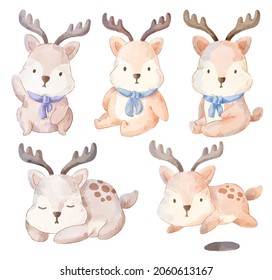 Vector illustration watercolor Set of adorable Deer For Your Design. Various of Dog gesture and color