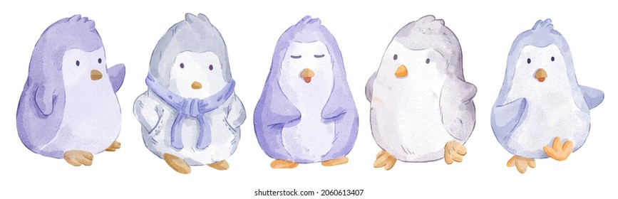 Vector illustration watercolor Set of adorable penguin For Your Design. Various of penguin gesture and color