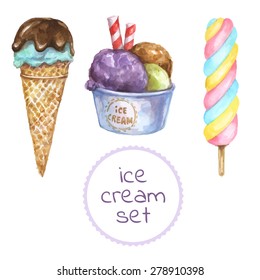 Vector illustration - watercolor set of bright different ice cream