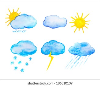 Vector illustration. Watercolor Set weather icons