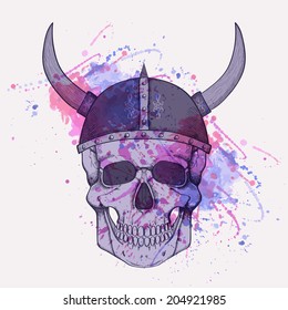 Vector illustration with watercolor splash and human skull wearing viking helmet