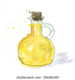Vector illustration. Watercolor splashes. Olive oil hand painted bottle.