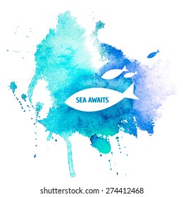 Vector illustration watercolor spots. Sea and fish
