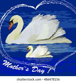 Vector illustration of watercolor swans into the heart for Mother`s day, Design element for poster, logo.