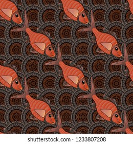 Vector illustration. Watercolor texture fish seamless pattern in orange, gray and black colors.