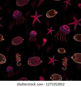 Vector illustration. Watercolor texture fish seamless pattern in black, brown and purple colors.