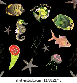 Vector illustration. Watercolor texture fish seamless pattern in green, gray and black colors.