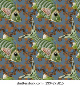 Vector illustration. Watercolor texture fish seamless pattern in gray, blue and brown colors.