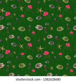 Vector illustration. Watercolor texture fish seamless pattern in pink, green and brown colors.