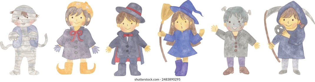 Vector illustration with watercolor touch of children in Halloween costumes