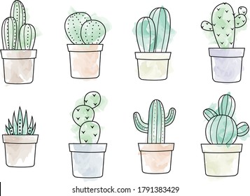 ilustración vectorial del conjunto de arte acuarela de cactus con olla.
