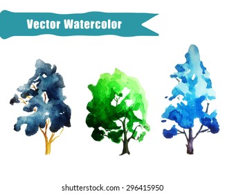 Vector Illustration of watercolour Tree Set for Design, Website, Background, Banner. Summer Paint with Brush Texture Element Template for eco infographic