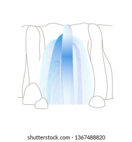 Vector illustration of waterfall cascade. Water stream falling of various shape of mountain rock. Isolated outline hand drawn object. Logo, design element. 