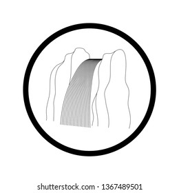 Vector illustration of waterfall cascade. Water stream falling of various shape of mountain rock. Isolated outline hand drawn object. Logo, design element. 