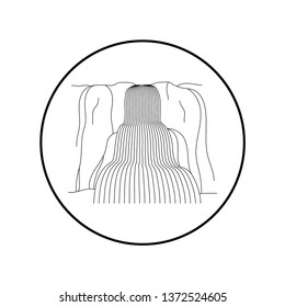 Vector illustration of waterfall cascade. Water stream falling of various shape of mountain rock. Isolated outline hand drawn object. Logo, design element. 