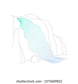 Vector illustration of waterfall cascade. Water stream falling of various shape of mountain rock. Isolated outline hand drawn object. Logo, design element. 