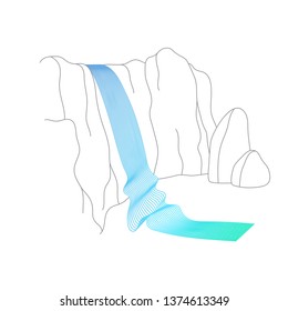 Vector illustration of waterfall cascade. Water stream falling of various shape of mountain rock. Isolated outline hand drawn object. Logo, design element. 