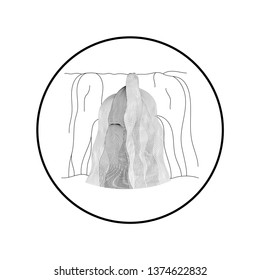 Vector illustration of waterfall cascade. Water stream falling of various shape of mountain rock. Isolated outline hand drawn object. Logo, design element. 