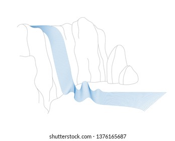 Vector illustration of waterfall cascade. Water stream falling of various shape of mountain rock. Isolated outline hand drawn object. Logo, design element. 