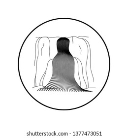 Vector illustration of waterfall cascade. Water stream falling of various shape of mountain rock. Isolated outline hand drawn object. Logo, design element. 