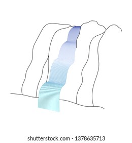 Vector illustration of waterfall cascade. Water stream falling of various shape of mountain rock. Isolated outline hand drawn object. Logo, design element. 