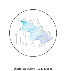 Vector illustration of waterfall cascade. Water stream falling of various shape of mountain rock. Isolated outline hand drawn object. Logo, design element. 