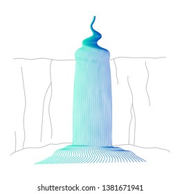 Vector illustration of waterfall cascade. Water stream falling of various shape of mountain rock. Isolated outline hand drawn object. Logo, design element. 