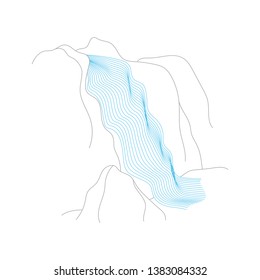 Vector illustration of waterfall cascade. Water stream falling of various shape of mountain rock. Isolated outline hand drawn object. Logo, design element. 