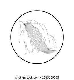 Vector illustration of waterfall cascade. Water stream falling of various shape of mountain rock. Isolated outline hand drawn object. Logo, design element. 