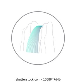 Vector illustration of waterfall cascade. Water stream falling of various shape of mountain rock. Isolated outline hand drawn object. Logo, design element. 