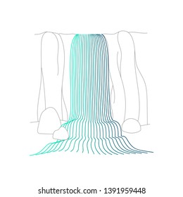 Vector illustration of waterfall cascade. Water stream falling of various shape of mountain rock. Isolated outline hand drawn object. Logo, design element. 