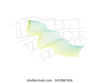 Vector illustration of waterfall cascade. Water stream falling of various shape of mountain rock. Isolated outline hand drawn object. Logo, design element. 