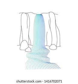 Vector illustration of waterfall cascade. Water stream falling of various shape of mountain rock. Isolated outline hand drawn object. Logo, design element. 