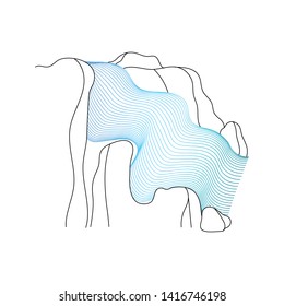 Vector illustration of waterfall cascade. Water stream falling of various shape of mountain rock. Isolated outline hand drawn object. Logo, design element. 