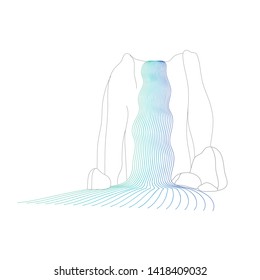 Vector illustration of waterfall cascade. Water stream falling of various shape of mountain rock. Isolated outline hand drawn object. Logo, design element. 