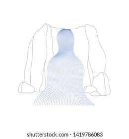 Vector illustration of waterfall cascade. Water stream falling of various shape of mountain rock. Isolated outline hand drawn object. Logo, design element. 