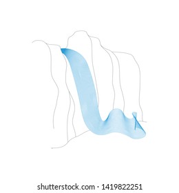 Vector illustration of waterfall cascade. Water stream falling of various shape of mountain rock. Isolated outline hand drawn object. Logo, design element. 
