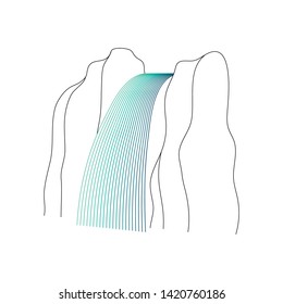Vector illustration of waterfall cascade. Water stream falling of various shape of mountain rock. Isolated outline hand drawn object. Logo, design element. 