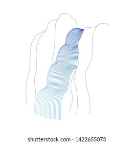 Vector illustration of waterfall cascade. Water stream falling of various shape of mountain rock. Isolated outline hand drawn object. Logo, design element. 