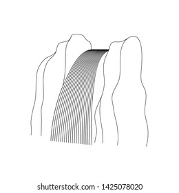Vector illustration of waterfall cascade. Water stream falling of various shape of mountain rock. Isolated outline hand drawn object. Logo, design element. 