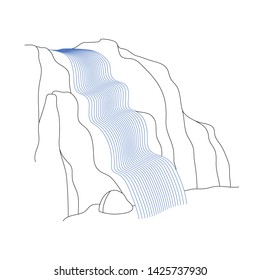Vector illustration of waterfall cascade. Water stream falling of various shape of mountain rock. Isolated outline hand drawn object. Logo, design element. 