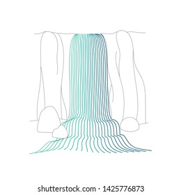 Vector illustration of waterfall cascade. Water stream falling of various shape of mountain rock. Isolated outline hand drawn object. Logo, design element. 