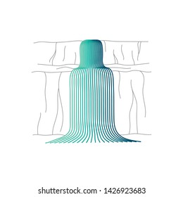 Vector illustration of waterfall cascade. Water stream falling of various shape of mountain rock. Isolated outline hand drawn object. Logo, design element. 