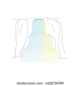 Vector illustration of waterfall cascade. Water stream falling of various shape of mountain rock. Isolated outline hand drawn object. Logo, design element. 