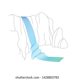 Vector illustration of waterfall cascade. Water stream falling of various shape of mountain rock. Isolated outline hand drawn object. Logo, design element. 