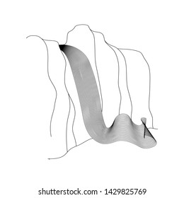 Vector illustration of waterfall cascade. Water stream falling of various shape of mountain rock. Isolated outline hand drawn object. Logo, design element. 